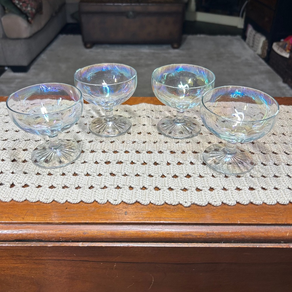 Vintage Iridescent Carnival Glass Champagne Coupe Dessert Bowls Set of 4
